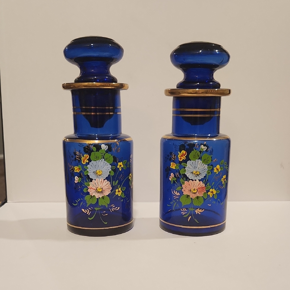 Bohemian Blue Hand Painted Floral Dresser Jars/ Decanter Bottles